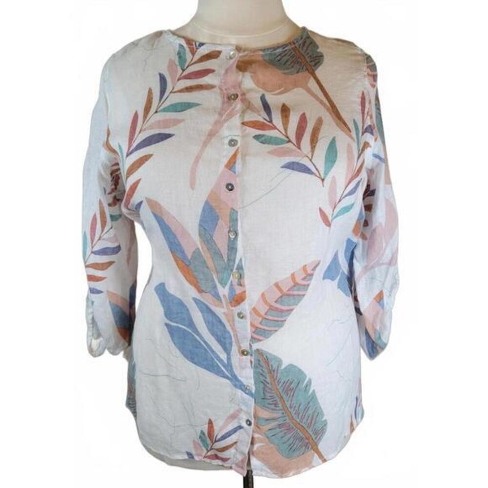 Cynthia Rowley Women 1X Linen Tropical Leaf Button Down Shirt 3/4 Sleeve White